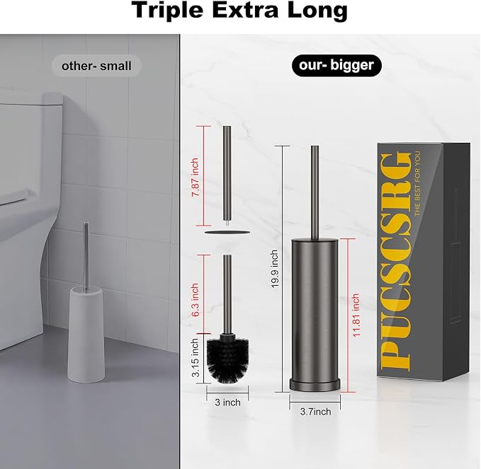 Pewter Toilet Brush and Holder Set，Stainless Steel Heavy Duty Toilet Bowl Brush，Extra Long Handled Modern Toilet Cleaner Brush with Replaceable Head, Removable Inner Bowl, and Splash Protection