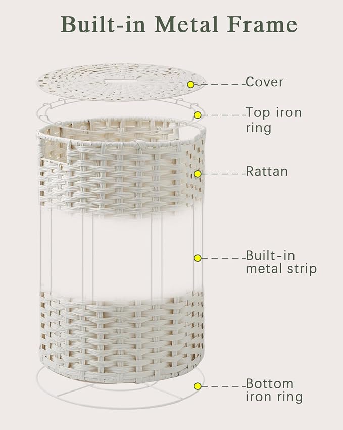 SETVSON Laundry Basket Round Rattan Laundry Hamper 29.1 Gal(110 L) Handwoven Large Wicker Basket with Handles, Wicker Hamper with Removable Bags and 2 Mesh Bags for Bathroom Living Room White(No Lid)