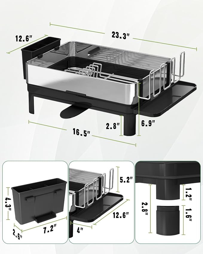 1 Tier Large Stainless Steel Dish Drying Rack with Drain Board | Space Saving, Rust Proof Metal, Automatic Drainage Drainer for Kitchen Counter, Modern Black and Silver for Pots and Pans