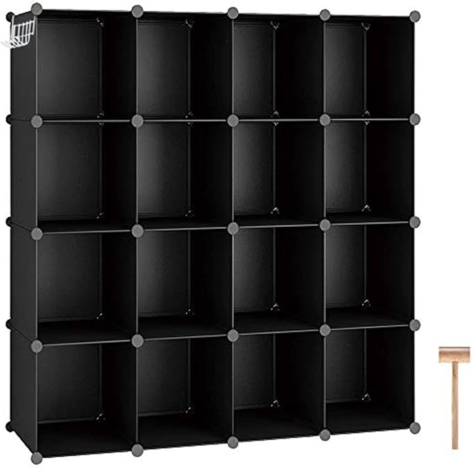 C&AHOME 16 Cube Storage Organizer Cube Shelves Units Storage Cubes, Black | Plastic DIY Closet Organizer, Stackble Modular Closet Storage Shelves Ideal for Home, Bedroom, 48.4" L × 12.4" W × 48.4" H