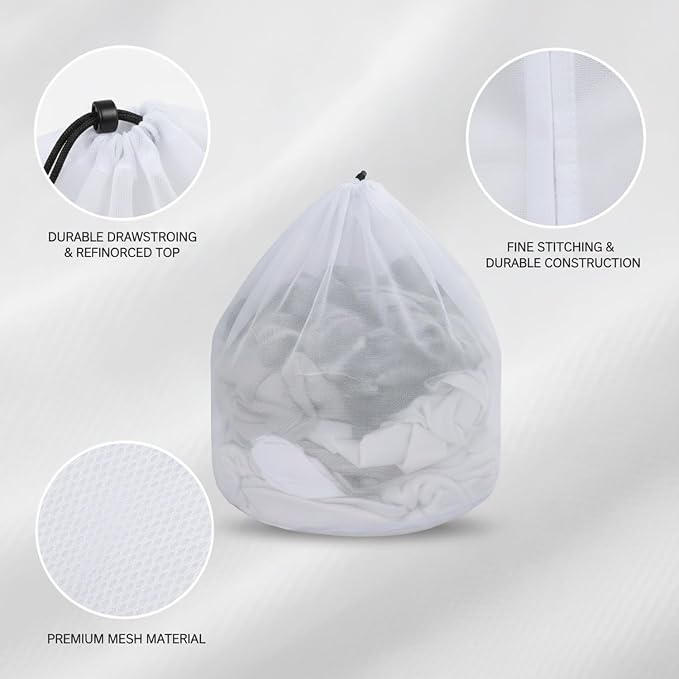 Laundry Mesh Bag with Drawstring, Polyester Net for Delicates, Lingerie, and Knits, White (1 PC)