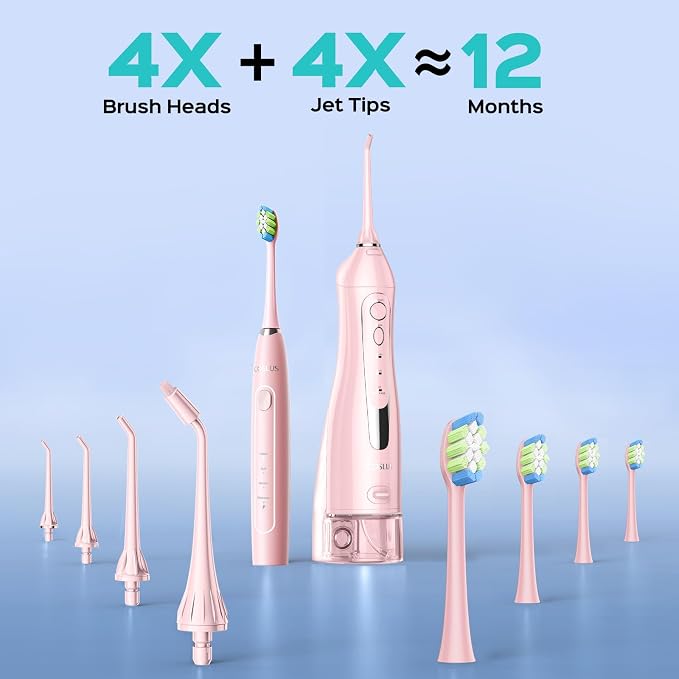 COSLUS C20C41 Water Flosser Electric Toothbrush Combo, 2-1 Oral Clean Kit | Brushing & Flossing for Teeth & Braces Cleaning, Gums Care, Portable Travel Use, Gift for Family, Adults, BPA-Free, Pink