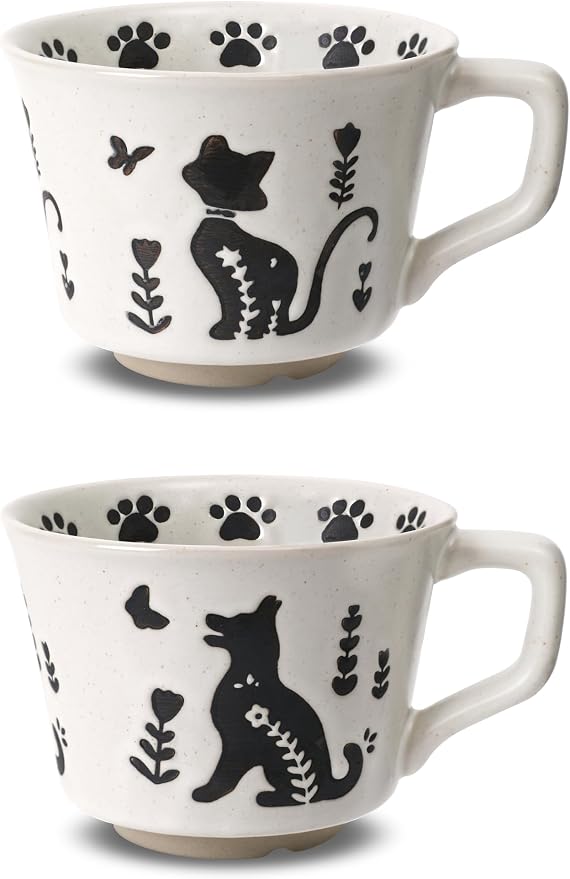11 oz Ceramic Coffee Mug, Stoneware Teacup with Handle | Small Novelty Unique Cup for Tea Mocha Latte Cappuccino, Microwave Dishwasher Safe (Set of 2, Cat and Dog)