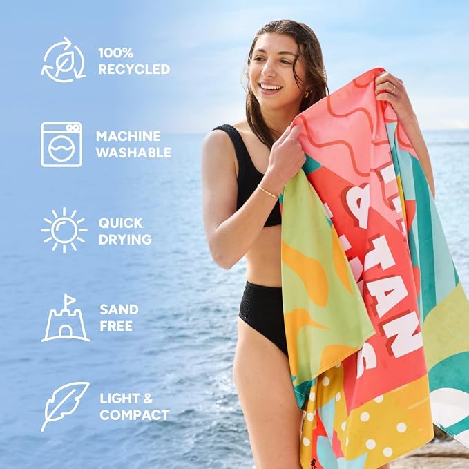 Dock & Bay Beach Towel - Quick Dry, Sand Free - Compact, Lightweight - 100% Recycled - Includes Bag - Good Times & Tan Lines - Extra Large (200x90cm, 78x35)
