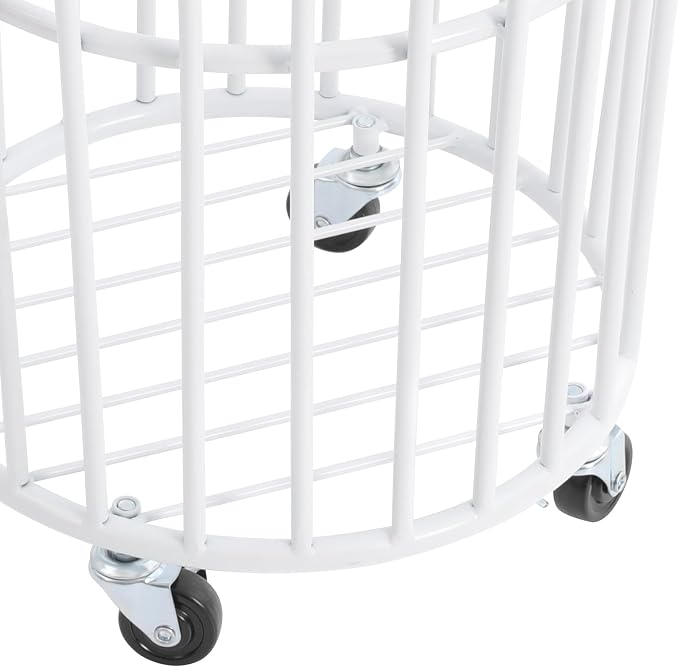 Rolling Laundry Hamper with Wheels Metal Wire Laundry Basket Cart Heavy Duty Clothes Toy Sundries Storage Organize Hamper Bin for Living Room Bathroom Closet Bedroom (White, Round 4)