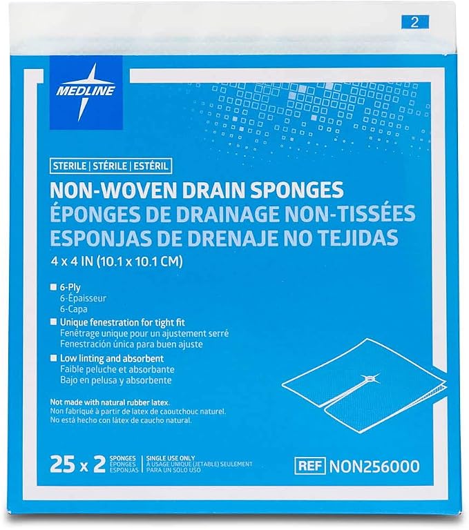 Medline Nonwoven Drain Sponges, Sterile, 6-Ply Gauze, 4" x 4", 2 Count (Pack of 300)