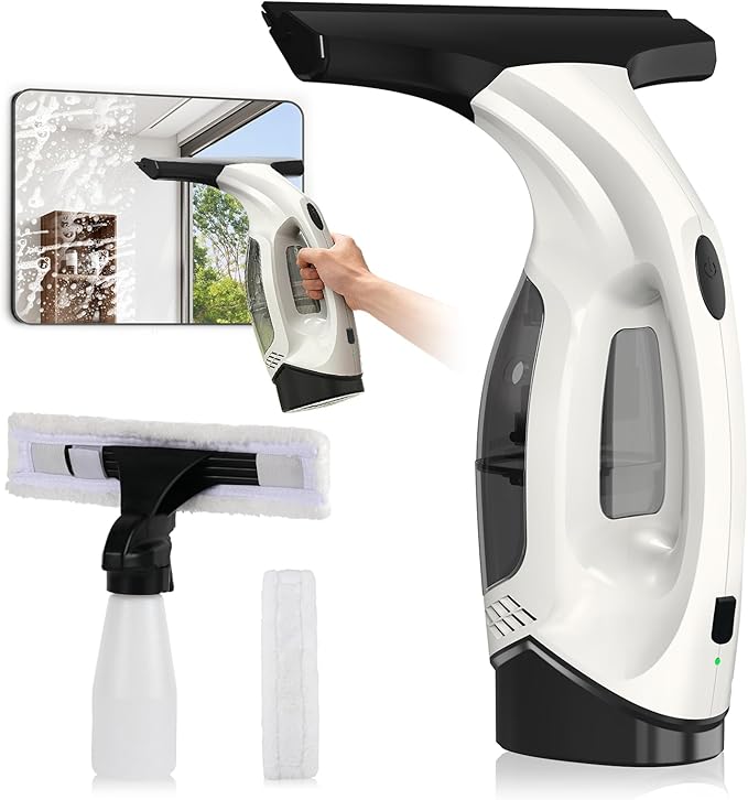 Window Vacuum Squeegee Cordless, 2000Pa Electric Window Cleaner Tool with 2200mAh & 150ml Water Collection Tank, Cleaning Kit Shower Squeegee for Glass Doors, Tiles, Mirrors, Car (White)
