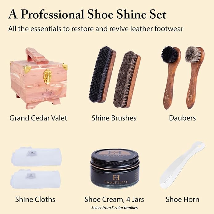 FootFitter Grand Cedar Shoe Shine Valet Set, Premium Leather Care Kit | Cedar Valet Box with Shine Brushes, Daubers, Cloths & Creams, Complete Leather Care Set for Polishing & Maintaining Footwear