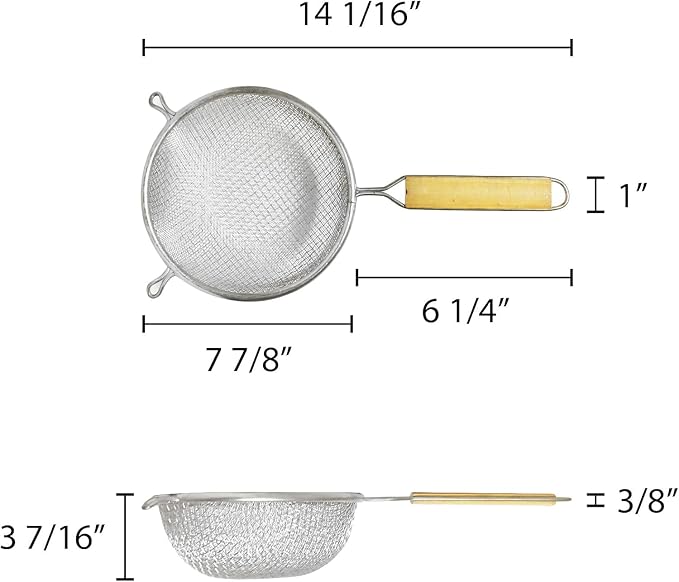 TrueCraftware- 8-Inch Double Fine Mesh Strainer Stainless Steel with 6-1/2" Handle Length Wooden Handle- Kitchen Utensil Food Strainer Skimmer Spoon for Cooking Sieve Sifters Pasta Fruits Vegetable