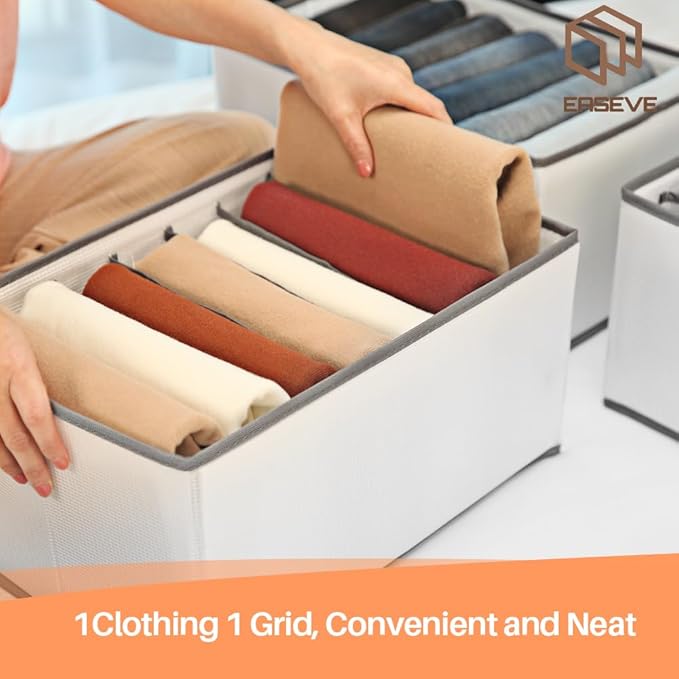 EASEVE 2 Pack Wardrobe Closet Organizer and Storage for Clothes - 7 Grids Foldable Drawer Dividers Organizers for Jeans | Pants | Shirts | Leggings, Stackable Clothing Bins for Closets Organization