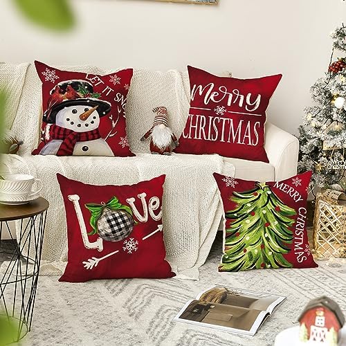 AVOIN colorlife Merry Christmas Let It Snow Love Snowman Red Throw Pillow Covers, 18 x 18 Inch Xmas Tree Holiday Cushion Case Decoration for Sofa Couch Set of 4