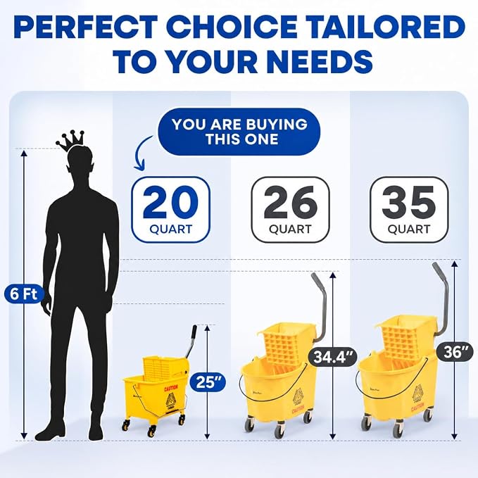 PLASTIC PRINCE Small Mop Bucket with Wringer on Wheels 5 Gallon, Heavy Duty Dual Chamber Mini Mop Bucket Separate Dirty Water, Perfect for Household, 20 Quart Yellow