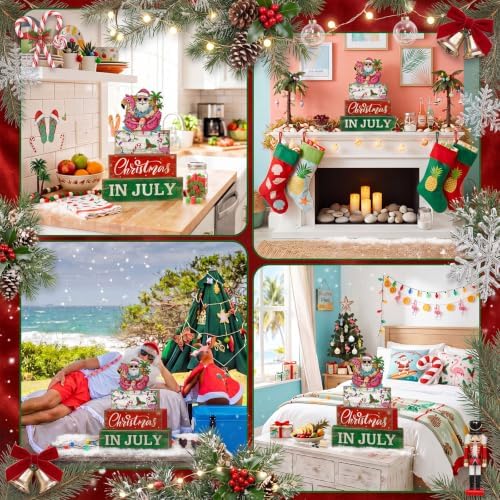Lineshading 4 Pcs Christmas in July Table Decor Summer Santa Wooden Signs