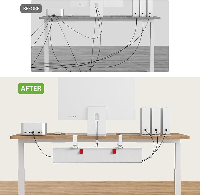 KEEGH No Drill Under Desk Cable Management Tray - 28" Cord Management Under Desk - Clamp/Screw Mount - Support Upto 70lbs - Fabric Wire Management - Gaming/PC Cable Raceways for Office/Home, White