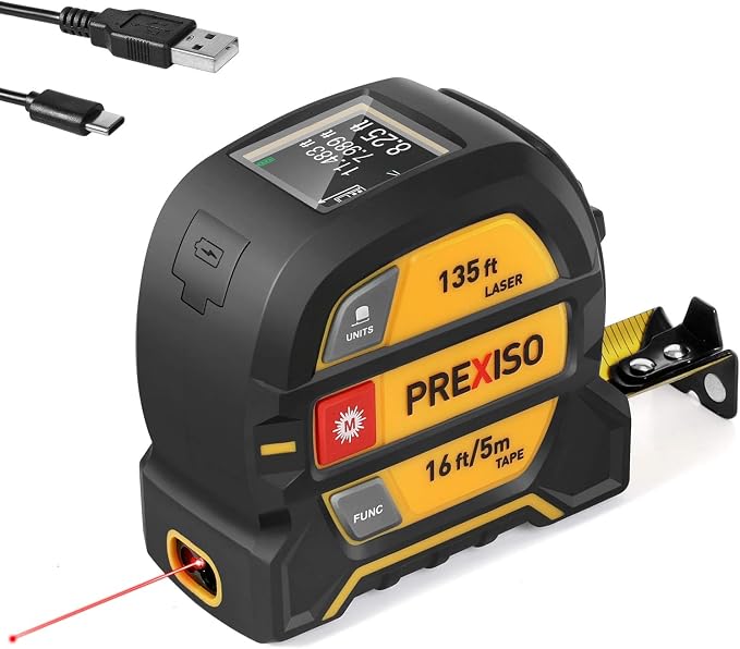 PREXISO 2-in-1 Laser Tape Measure, 135Ft Rechargeable Measurement Tool & 16Ft Measuring Movable Magnetic Hook - Pythagorean, Area, Volume, Ft/Ft+in/in/M Unit NOT Digital