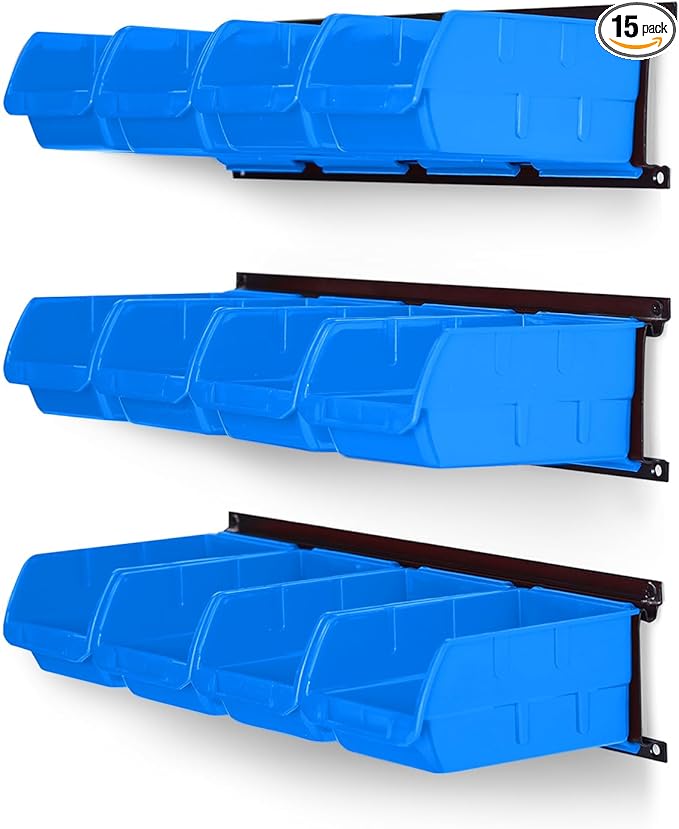 Ultrawall Wall Mounted Storage Bins, Plastic Hanging Storage Organizer Bins, Garage Tool Storage System for Screws, Nuts, Bolts, Nails, and Small Hardware Parts, 12x bins & 3 x rails, Blue
