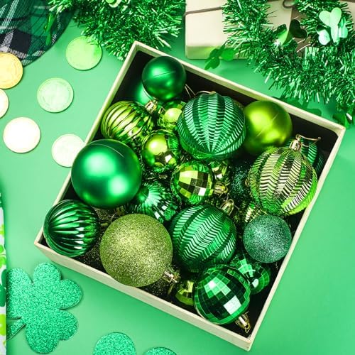 Lunmon 64 Pcs St. Patrick's Day Ball Ornaments Glitter Matt Lime Green Assorted Plastic Irish St. Patrick's Day Decoration for Xmas Tree & Party Supplies