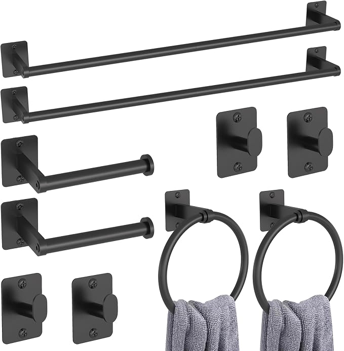 KLJKPA 10 Pieces Bathroom Accessories Set, Bathroom Hardware Set, 24 inch Towel Bar, Towel Racks for Bathroom, Robe Towel Hooks, Toilet Paper Holder Wall Mounted, Black