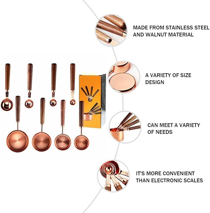 Unomor 8pcs Walnut Handle Measuring Cups and Spoons Set, Golden Stainless Steel Baking Tools with Double Graduated Units, Easy to Use Multifunction Kitchen Gadgets for Precise Ingredient
