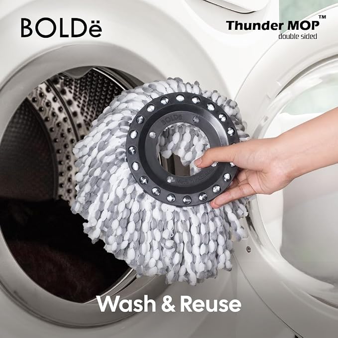 Thunder Mop Spin System - Double-Sided - 3 Free Refills (Yellow/Blue) | 2 Compact Stackable 6L Buckets, Microfiber Head, Stainless Steel Wringer, Antifungal Quick-Dry Cleaning, Soap Dispenser