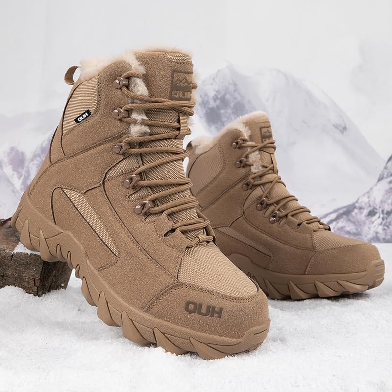 QUH Winter Snow Boots Waterproof Military Training Fur Lined Anti Slip Warm Boots Thickened Cotton Walking Ankle Boots For Man