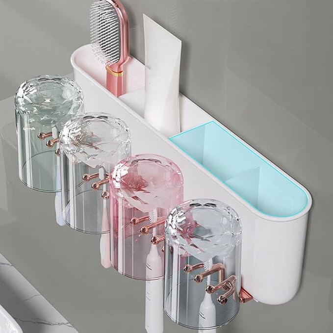 Toothbrush Rack Wall Mounted Toothbrush Holder Multifunctional Bathroom Storage Rack with Mouthwash Cup, Toothpaste Squeezer Kit Bathroom Toothbrush Holder(C)