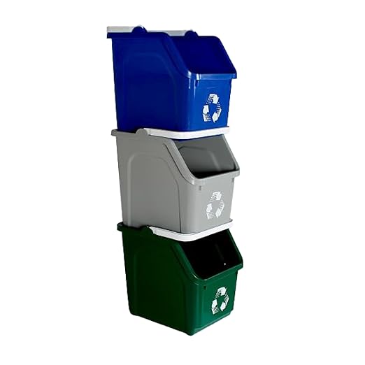 Multi Bin Recycling System with Three Stackable 6 Gallon Recycle Bins for Kitchen Use – Recycling Trash Can Set for Office, Garage, Businesses (3 Pack, Blue/Grey/Green)