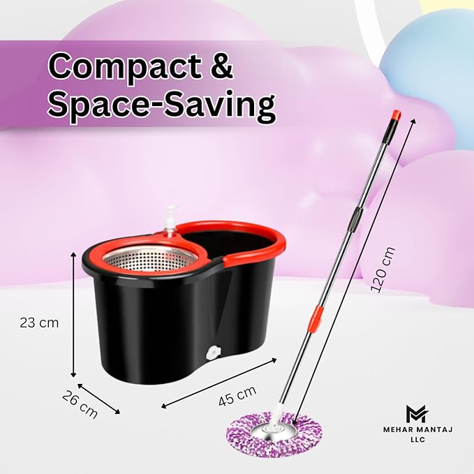 Spin Mop & Bucket Set with 2 Microfiber Mop Heads – 360° Rotating Stainless Steel Handle, Telescopic Pole (90–120cm), Hands-Free Cleaning System – Multi-Surface Floor Mop for Home & Office
