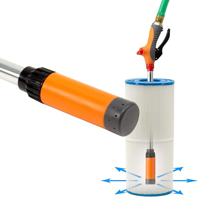 Clarathon Jet Stream Spa & Pool Filter Cleaner Dual Tool Set with Fan Spray Head for Outer Pleats + Long-Reach 360° Cartridge Core Cleaning Wand