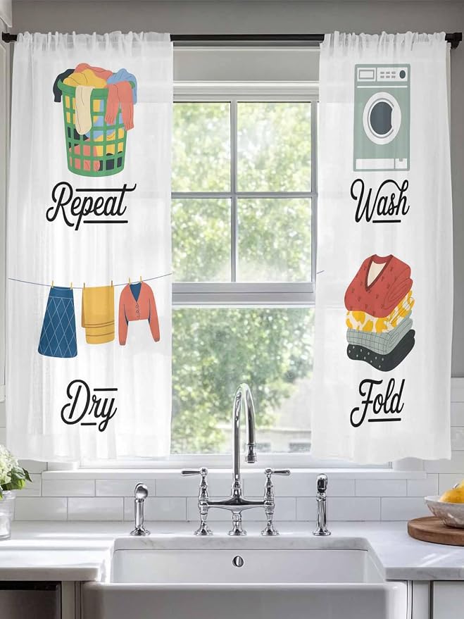 Laundry Room Sheer Curtains 72 Inch Length 2 Panels for Living Room, Wash Repeat Dry Fold Simple Drawn Voile Kitchen Curtain Set, Luxury Privacy Drapes Window Treatment for Bedroom