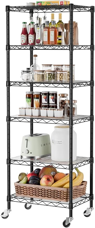 SINGAYE 6 Shelves Storage Shelf Wire Shelving Unit Metal Adjustable Wheels | Small Shelf Storage with Wheels Organizers Closet Unit for Bathroom Laundry Room Kitchen Pantry11.5D x 17.5W x 61.5H Black
