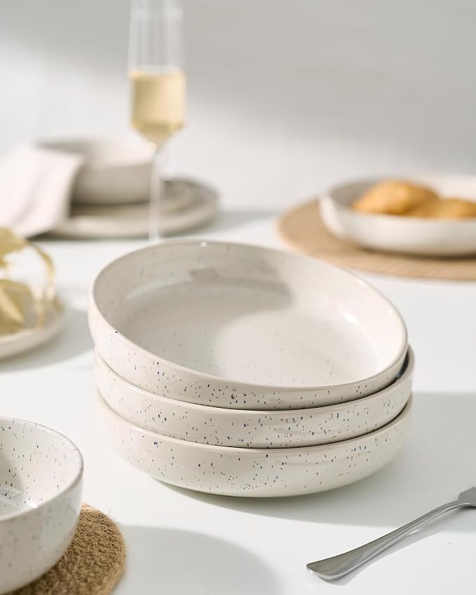 famiware Milkyway 33 oz Bowl Set, Pasta Bowls Set of 8, Salad Bowls, Double Reactive Glaze, Sturdy & Stackable, Ideal for Housewarming, Festivals, Creamy White with Speckles