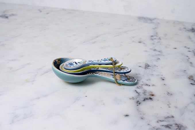 Mary DiSomma’s Ceramic Measuring Spoons (Set of 4) | Unique Signature Floral Print Design for each, Gold Overlay, Teal, Blue, Robin’s Egg Blue, Lime Green, Metallic Gold Chain, Boxed gift set