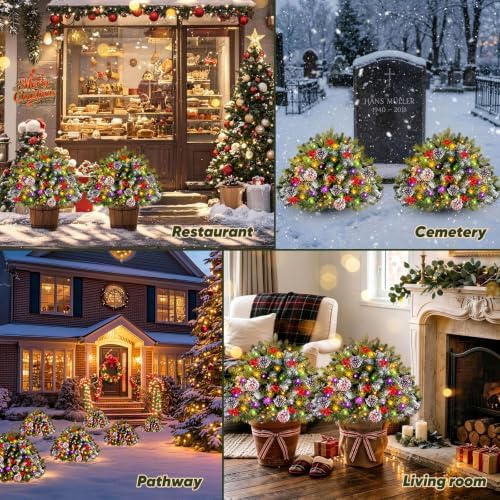 2-Pack Solar Christmas Tree Urn Filler, 26” Pre-lit Pathway Christmas Trees, Frosted Lighted Artificial Xmas Tree Solar-Power Outdoor Décor for House Yard, 8 Modes,50 LED Lights,Red Berries,Pine Cones