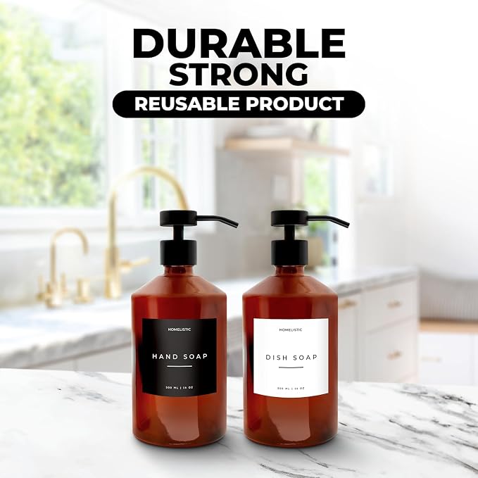 Luxury Glass Soap Dispenser Set of 2 - Elegant Amber Bottles with Matte Black Pumps, Ideal for Kitchen and Bathrooms, Perfect Glass Pump for Modern Homes.