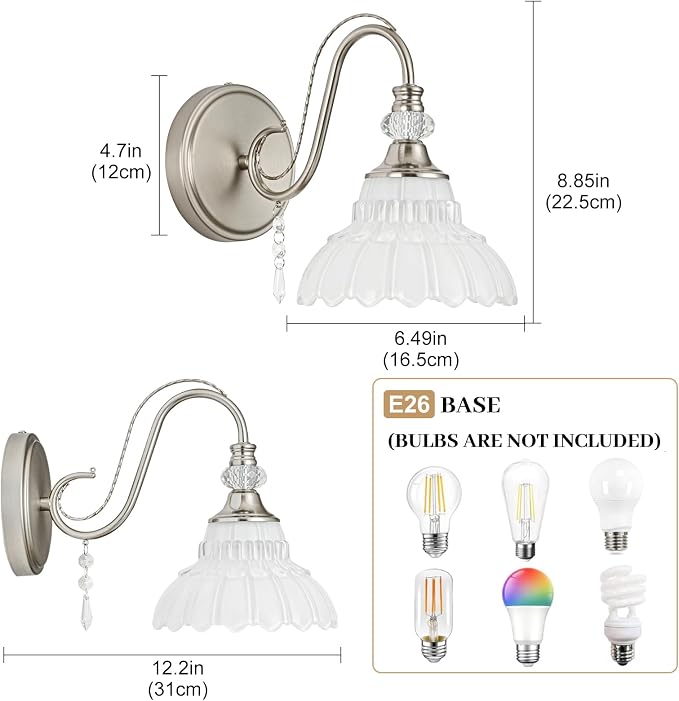 1 Piece Brushed Nickel Finish Wall Sconce, 1-Light Modern Wall Sconce with Hanging Crystal Accents and Flower-Shaped White Shades for Bathroom Bedroom Living Room,Modern Vanity Light