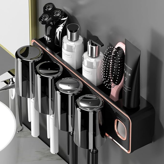 Toothbrush Rack Wall-mounted Hole-free Tooth Cup Holder Bathroom Black and White Transparent Cup Mouthwash Rack Tooth Cylinder Toothpaste Toothbrush Holder Bathroom Toothbrush Holder(A)