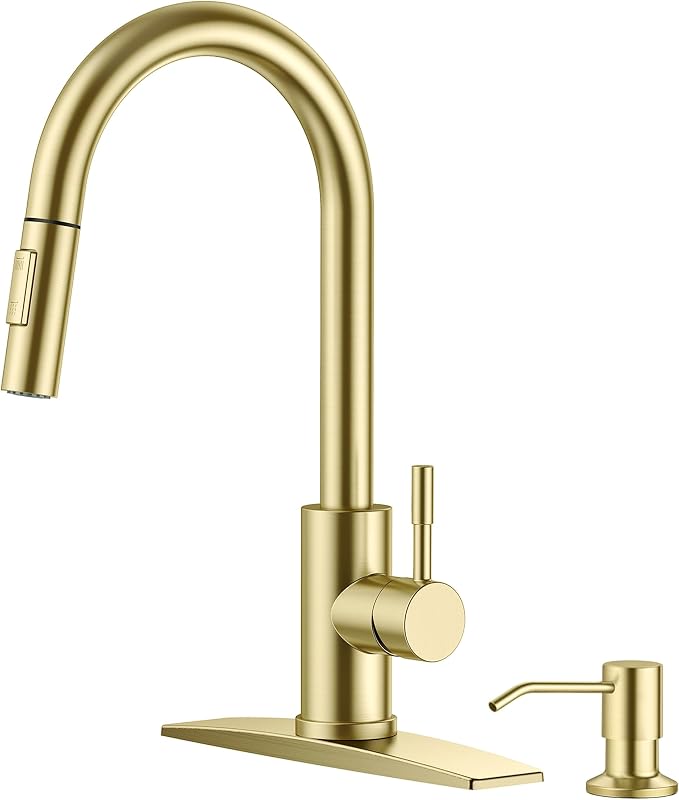 FORIOUS Gold Kitchen Faucet with Soap Dispenser, High Arc Modern Sink Faucet with Pull Down Sprayer and Deck Plate Fit for 1 or 3 Hole for Pot Filler Bar Farmhouse Laundry Rv, Brushed Gold