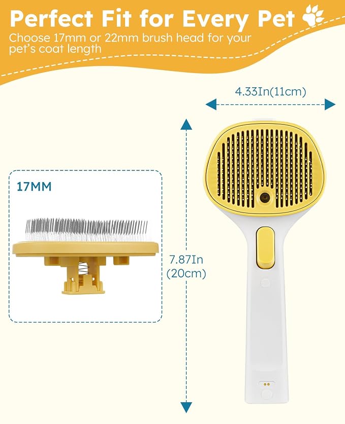 Cat Steam Brush for Cats & Dogs, Pet Steam Brush 3-in-1 with 2 Mist Modes, One-Touch Self Cleaning, Magnetic Safe Charging, Cat Hair Brush for Shedding, Dog Brush for Shedding, Yellow (Short Head)