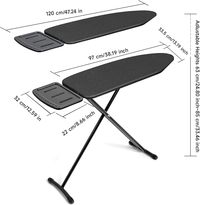 Duwee 13"x38" Ironing Board with Heat Resistant Cover and 10mm Foam | Ironing Boards Full Size with Silicone Steam Iron Rest, Adjustable Height,Heavy Sturdy Legs,Black