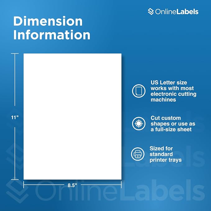 OnlineLabels 8.5" x 11" Full Sheet Sticker Paper – Permanent Adhesive, White Matte – Works with Cricut & Silhouette – for Inkjet & Laser Printers – Pack of 25 Sheets OL177WX