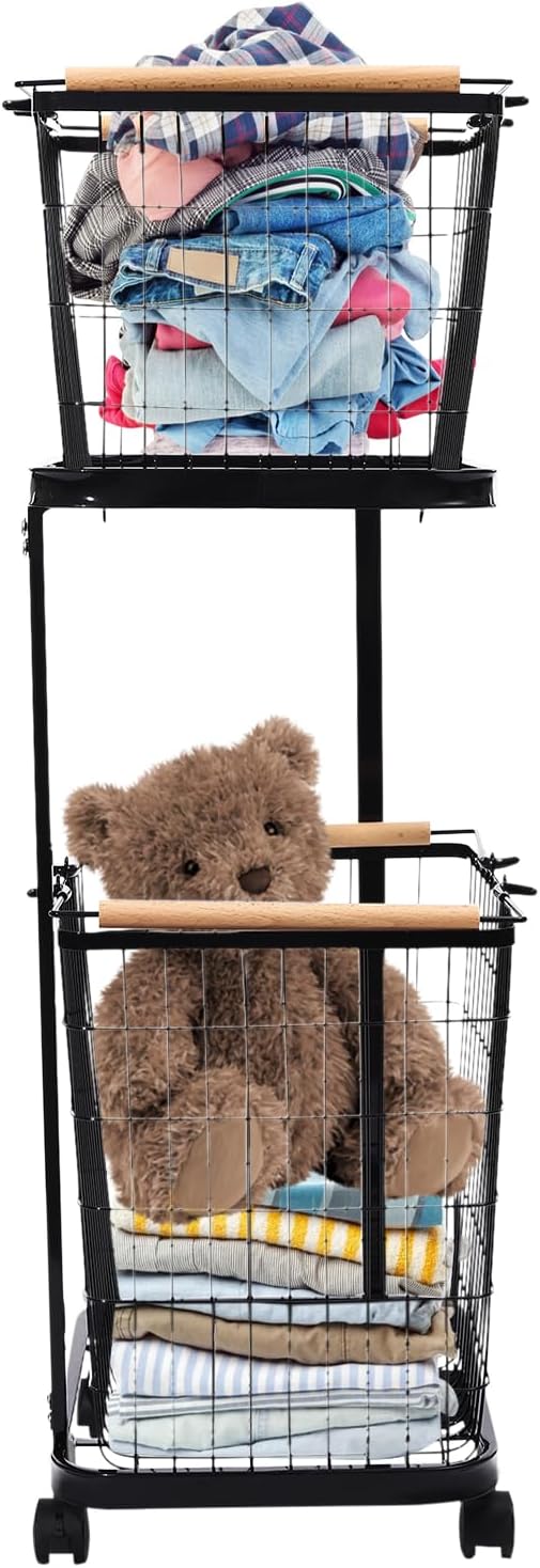 2 Tier Laundry Basket, Removable Metal Wire Laundry Cart with 4 Universal Wheels Rolling Laundry Basket Floor Standing Clothing Garment Sorting Hamper Organizer Load Bearing Capacity 88.18 lbs (Black)