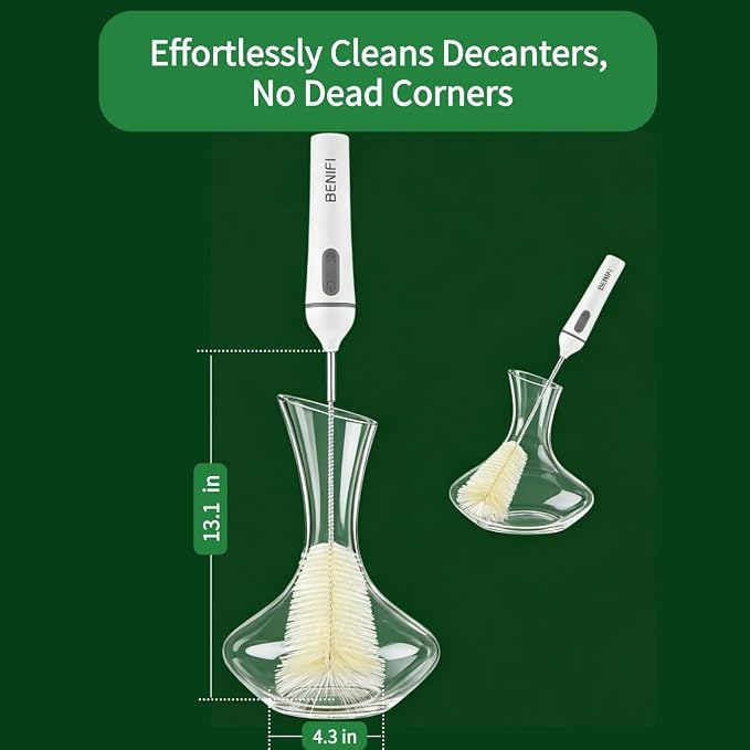 Electric Bottle Brush Cleaner, Fully Waterproof 11.8" Deep Reach Bottle Brush with 6 Brush Heads & Storage Stand, Rechargeable Bottle Cleaner for Water Bottles, Wine Decanters, Glass Pitcher & Straws