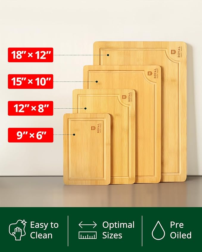ROYAL CRAFT WOOD Wooden Cutting Boards for Kitchen Meal Prep & Serving - Bamboo Wood Serving Board Set with Deep Juice Groove Side Handles - Charcuterie & Chopping Butcher Block for Meat