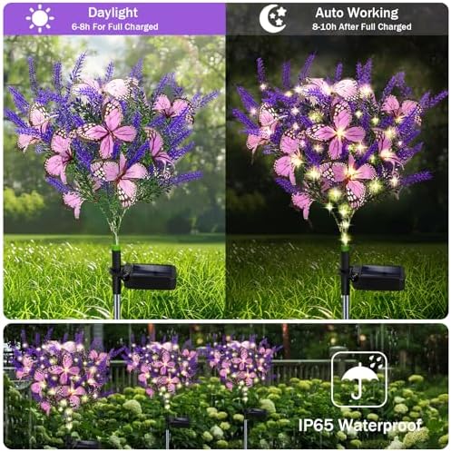 Kohlrabi Solar Garden Lights Outdoor, 6 Pack Solar Butterfly Lights Purple Lavender Gardening Gifts for Women, Artificial Flower with Butterfly Purple Garden Decor for Lawn Patio-Warm White