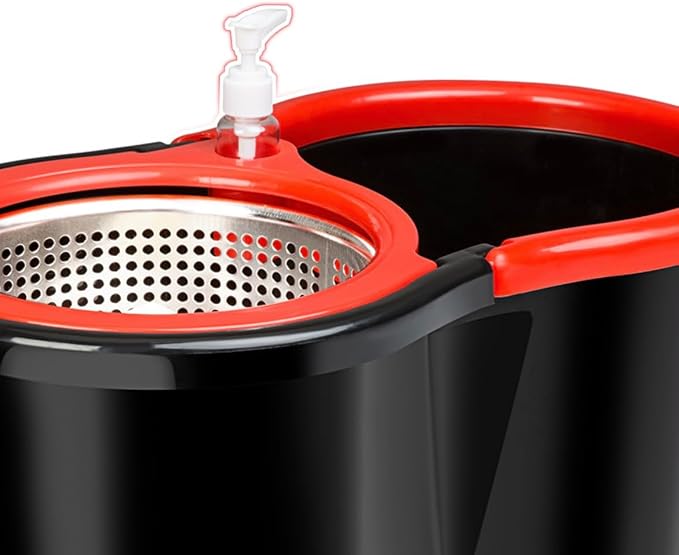 Spin Mop and Bucket Set with 2 Microfiber Mop Heads, Stainless Steel Handle, ABS Bucket, Black and Red Floor Cleaning System for Home, Kitchen and Office Use