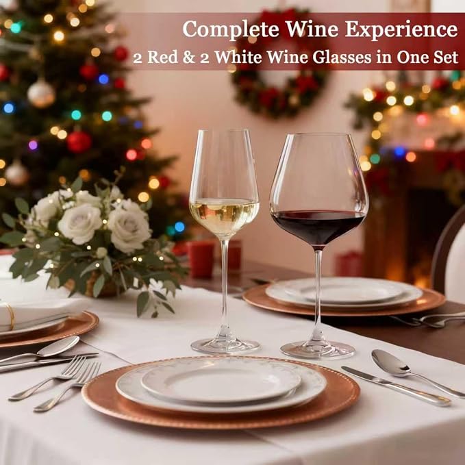 Physkoa Wine Glass Set of 4 – 2 Red (22oz) & 2 White (14oz) Hand-Blown Crystal Glasses, Perfect Gifts for Birthday, Wedding & Housewarming Mother's Day