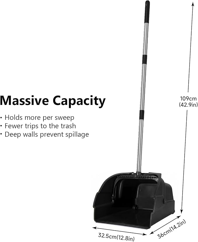 Jumbo Commercial Dustpan with Wheels & Comb Teeth - Heavy Duty 14.2" Rolling Debris Pan - Long Handle Extra Large Upright Dust Pan for Industrial Warehouse Garage Restaurant Sidewalk Outdoor - Black