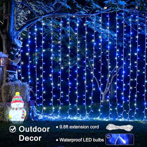 JMEXSUSS 300LED Christmas Curtain Lights Plug in, Blue and White, 9.8x9.8ft