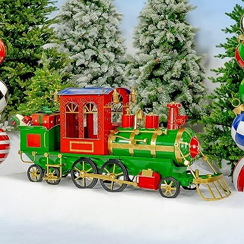 Zaer Ltd. Large Metal Christmas Train Commercial Decoration (5.85 Feet Long - Small, Christmas Themed Colors)